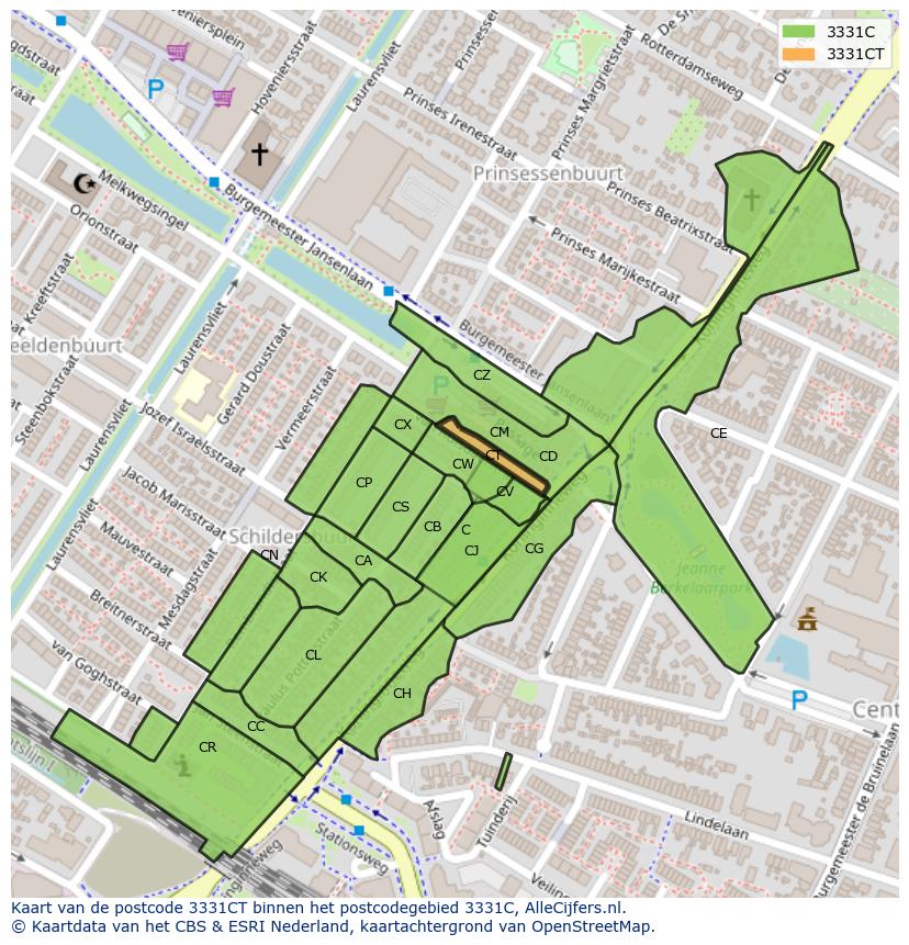Afbeelding van het postcodegebied 3331 CT op de kaart.