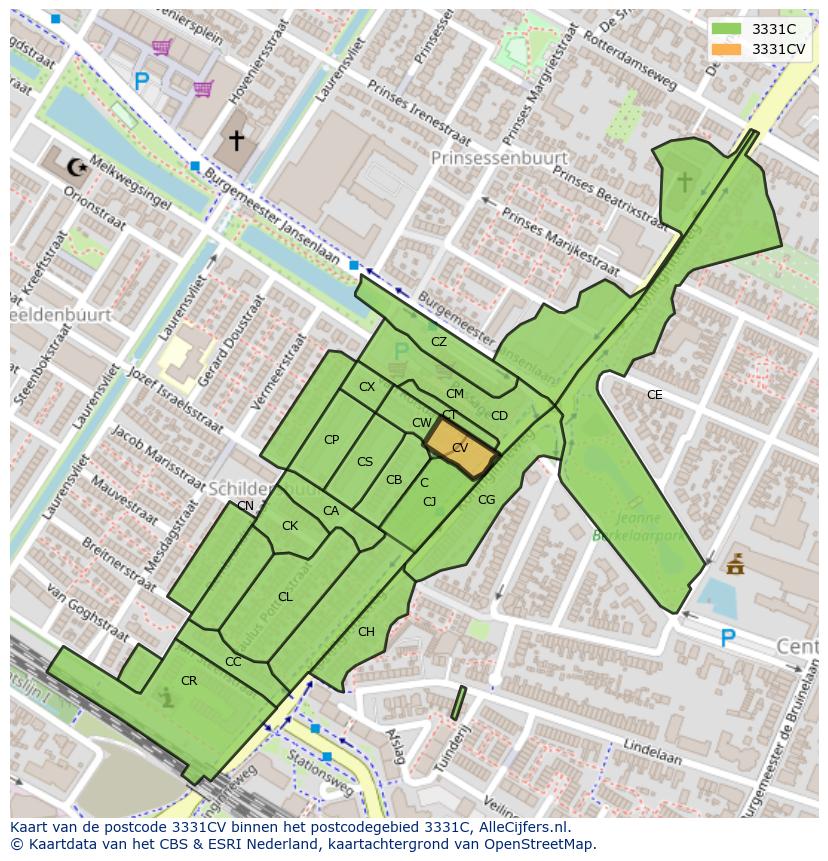 Afbeelding van het postcodegebied 3331 CV op de kaart.