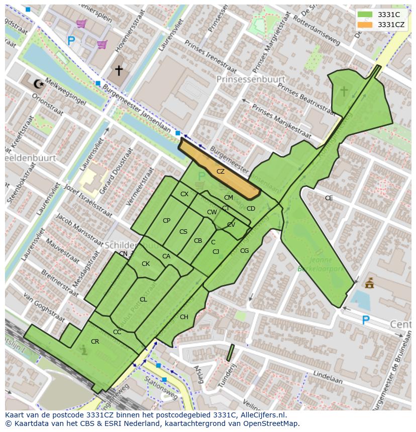 Afbeelding van het postcodegebied 3331 CZ op de kaart.