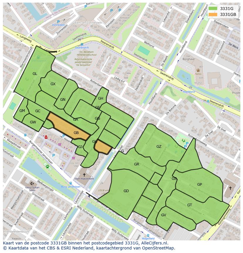 Afbeelding van het postcodegebied 3331 GB op de kaart.
