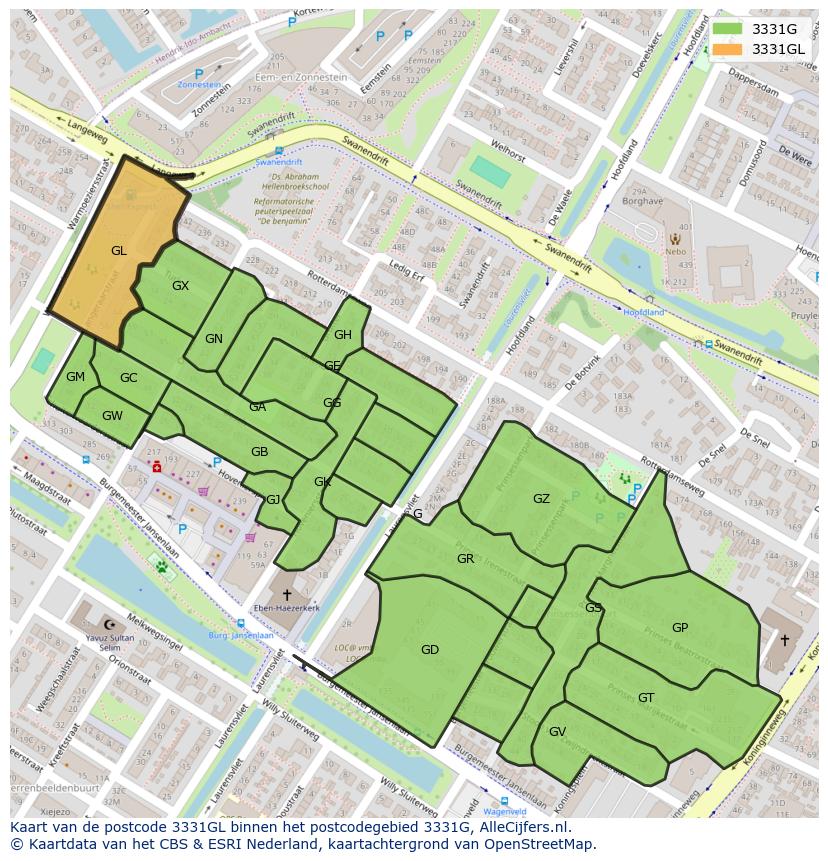 Afbeelding van het postcodegebied 3331 GL op de kaart.