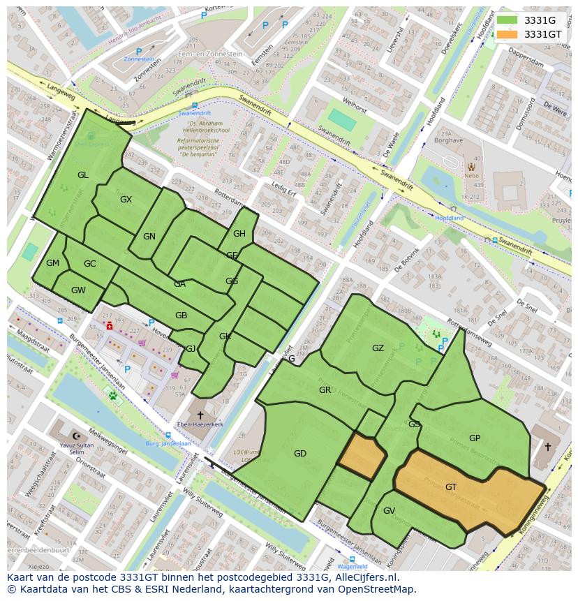 Afbeelding van het postcodegebied 3331 GT op de kaart.