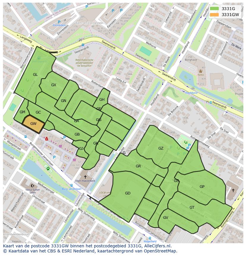 Afbeelding van het postcodegebied 3331 GW op de kaart.