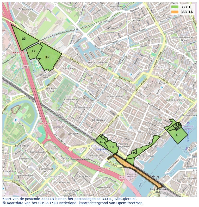 Afbeelding van het postcodegebied 3331 LN op de kaart.