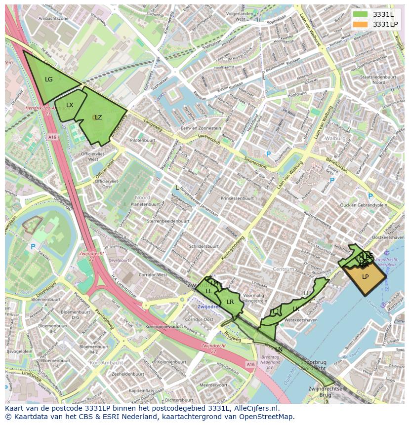 Afbeelding van het postcodegebied 3331 LP op de kaart.