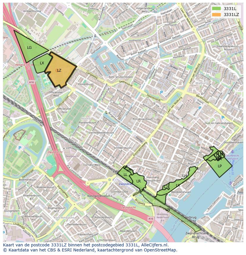Afbeelding van het postcodegebied 3331 LZ op de kaart.