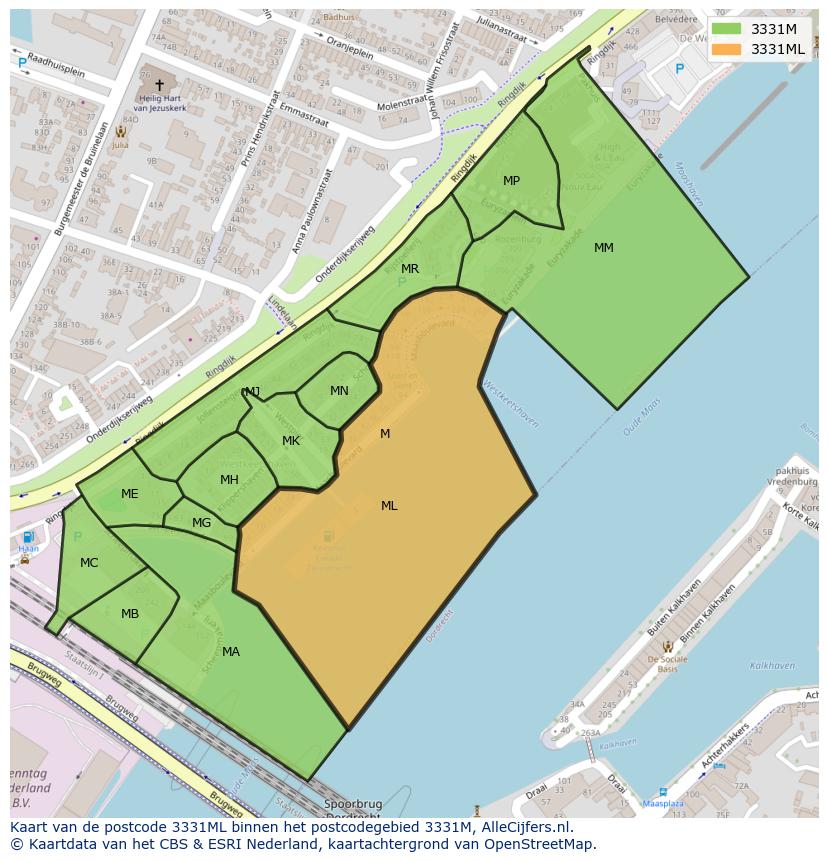 Afbeelding van het postcodegebied 3331 ML op de kaart.