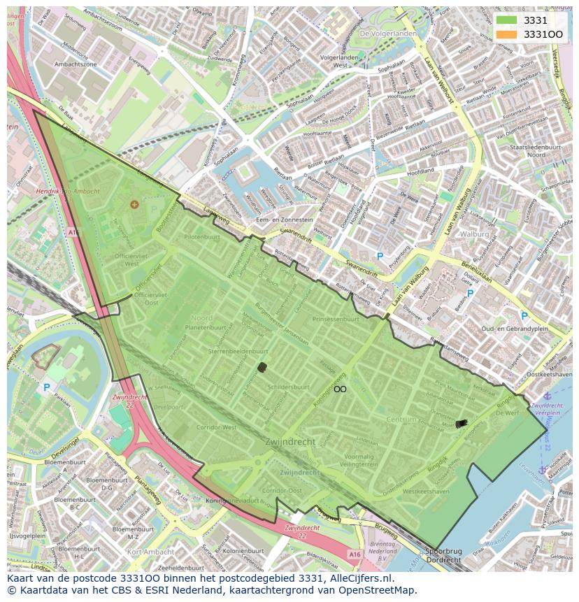 Afbeelding van het postcodegebied 3331 OO op de kaart.