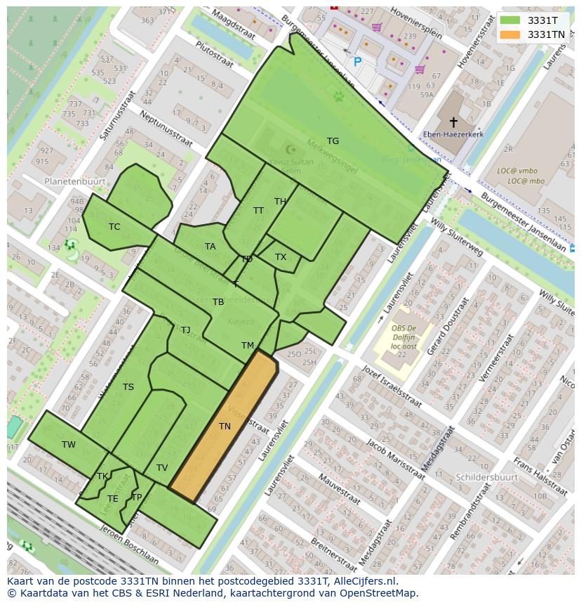 Afbeelding van het postcodegebied 3331 TN op de kaart.