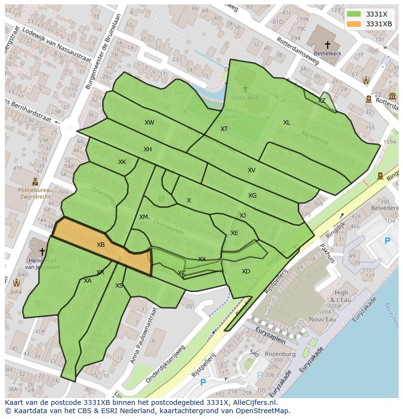 Afbeelding van het postcodegebied 3331 XB op de kaart.