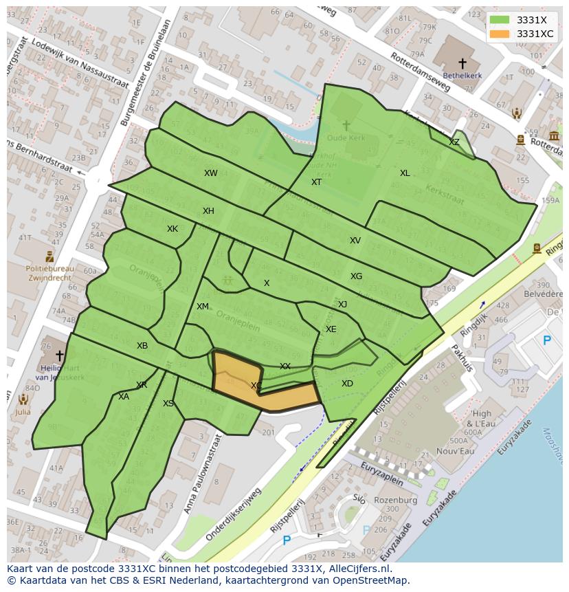 Afbeelding van het postcodegebied 3331 XC op de kaart.