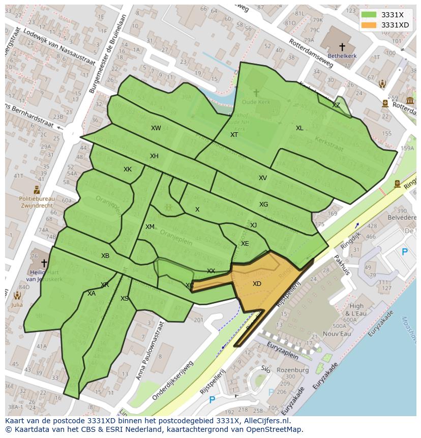 Afbeelding van het postcodegebied 3331 XD op de kaart.