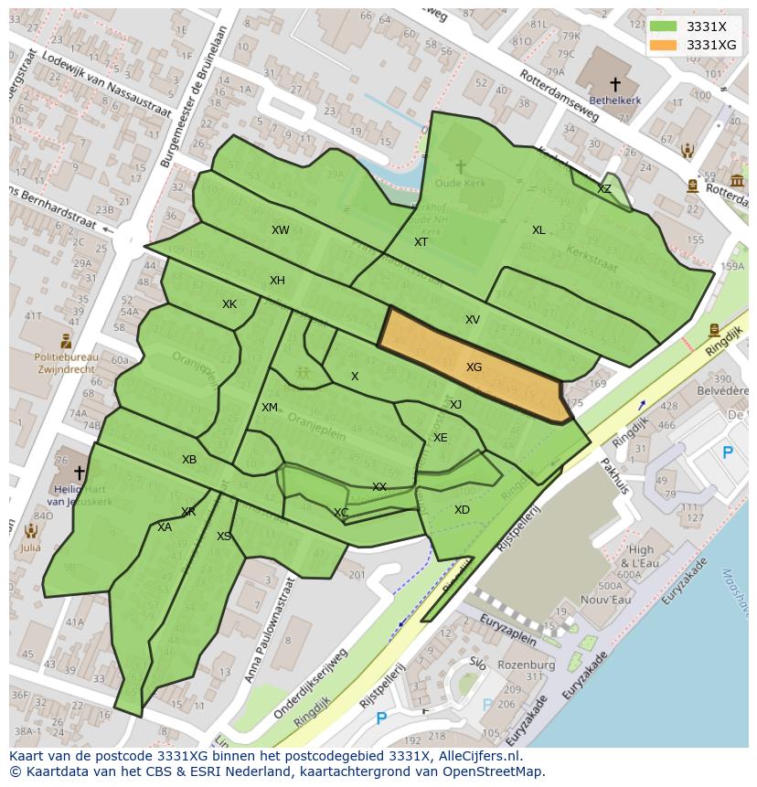 Afbeelding van het postcodegebied 3331 XG op de kaart.