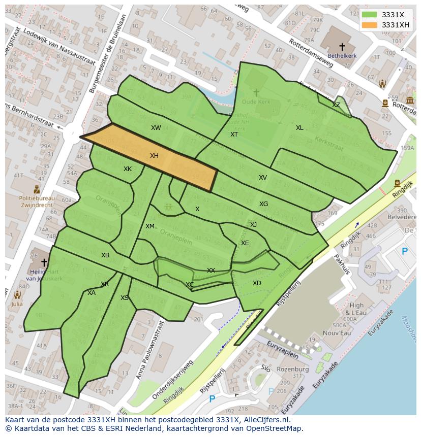 Afbeelding van het postcodegebied 3331 XH op de kaart.