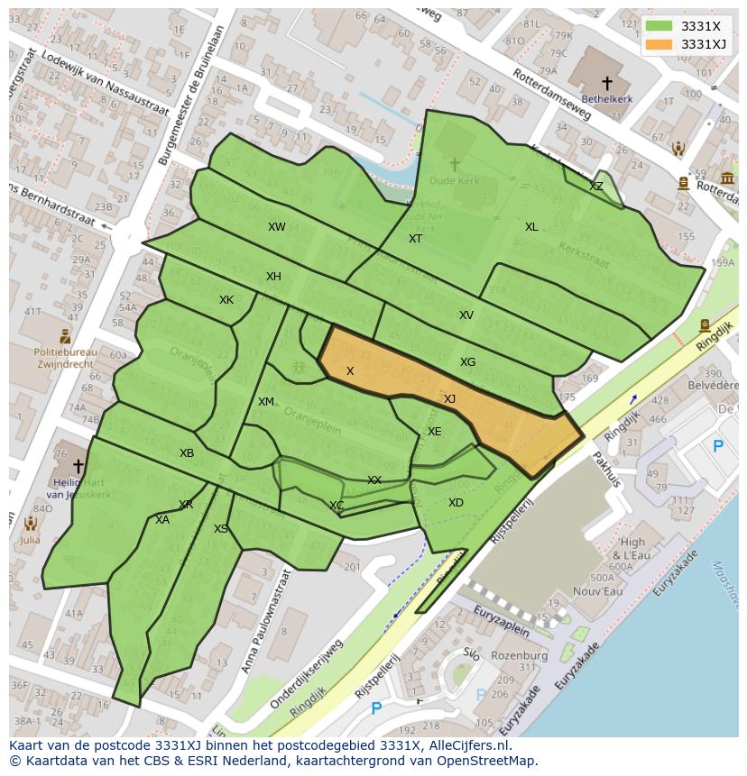 Afbeelding van het postcodegebied 3331 XJ op de kaart.