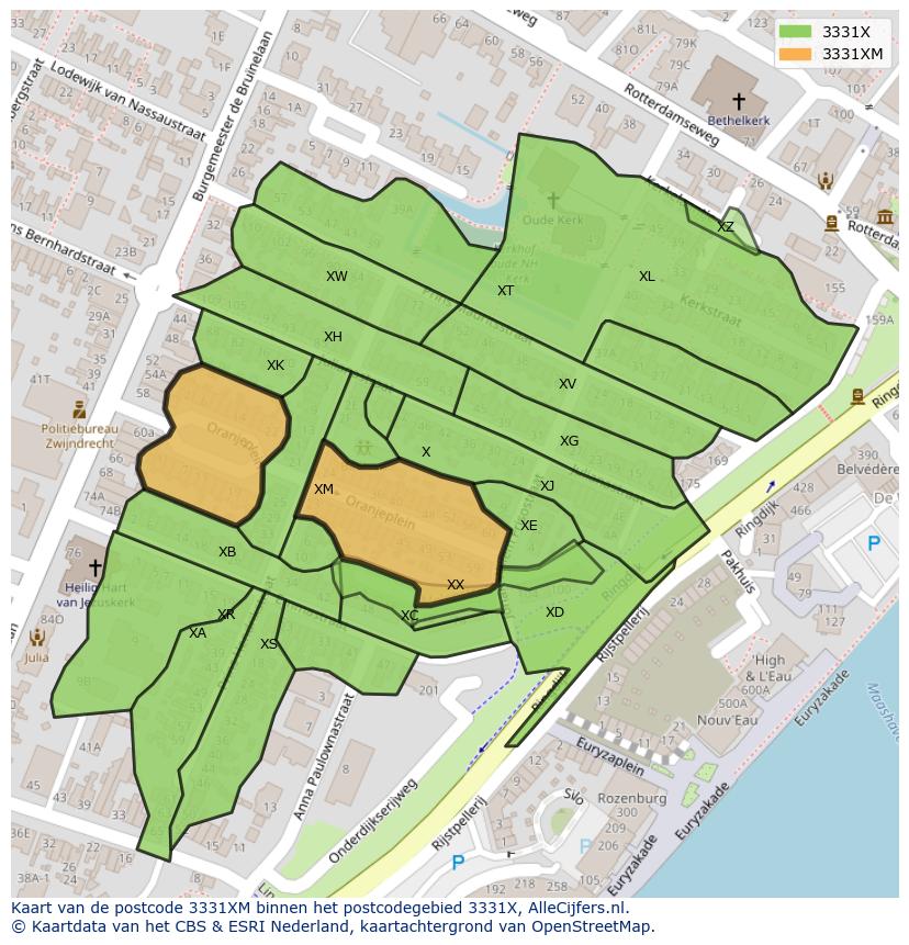 Afbeelding van het postcodegebied 3331 XM op de kaart.