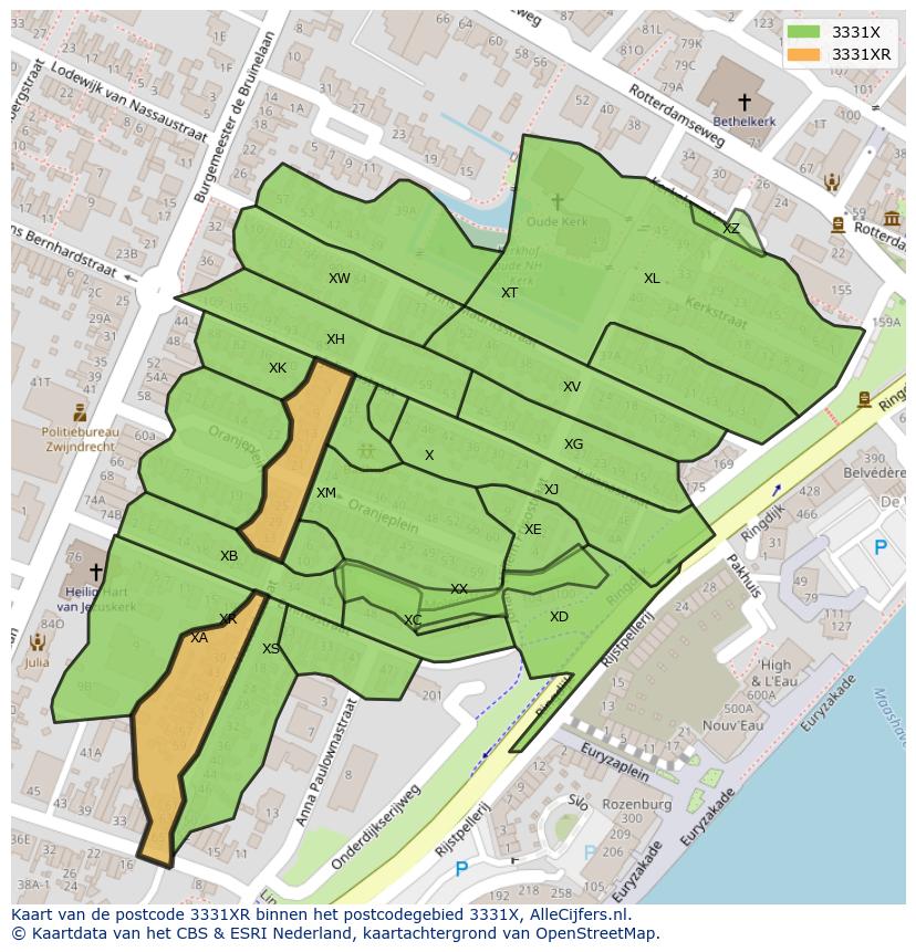 Afbeelding van het postcodegebied 3331 XR op de kaart.