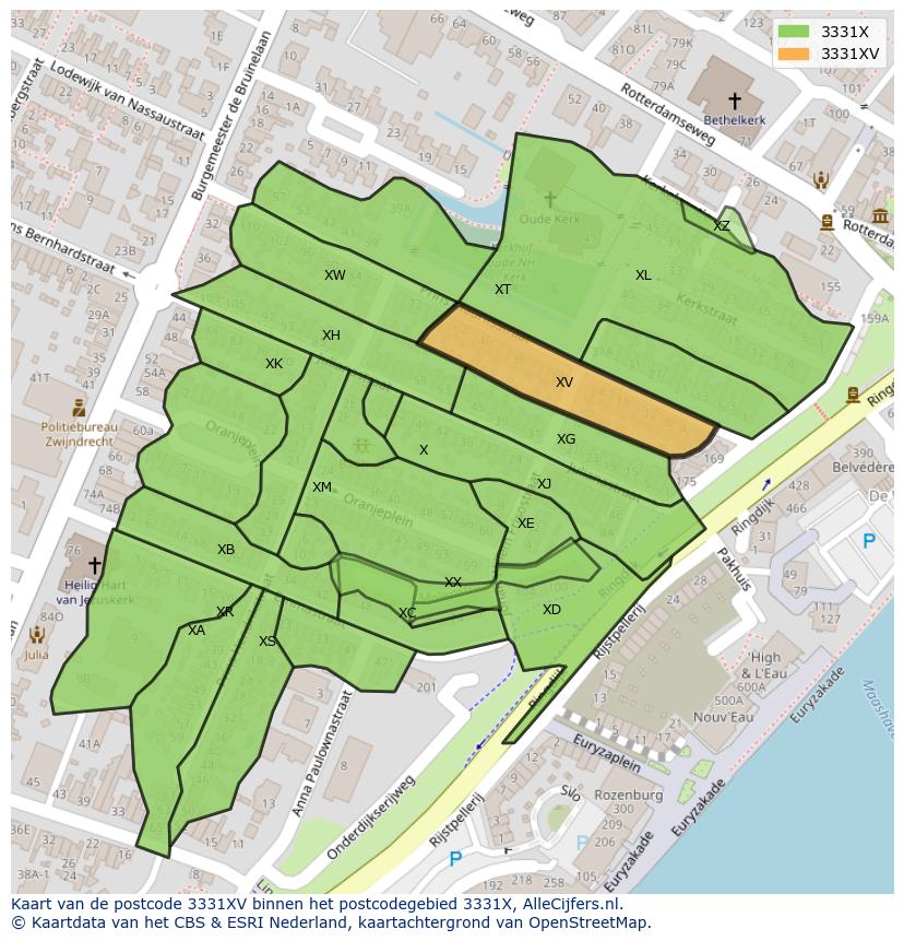 Afbeelding van het postcodegebied 3331 XV op de kaart.