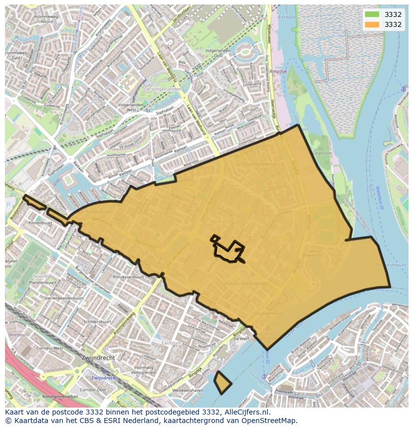 Afbeelding van het postcodegebied 3332 op de kaart.