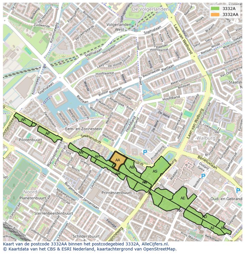 Afbeelding van het postcodegebied 3332 AA op de kaart.