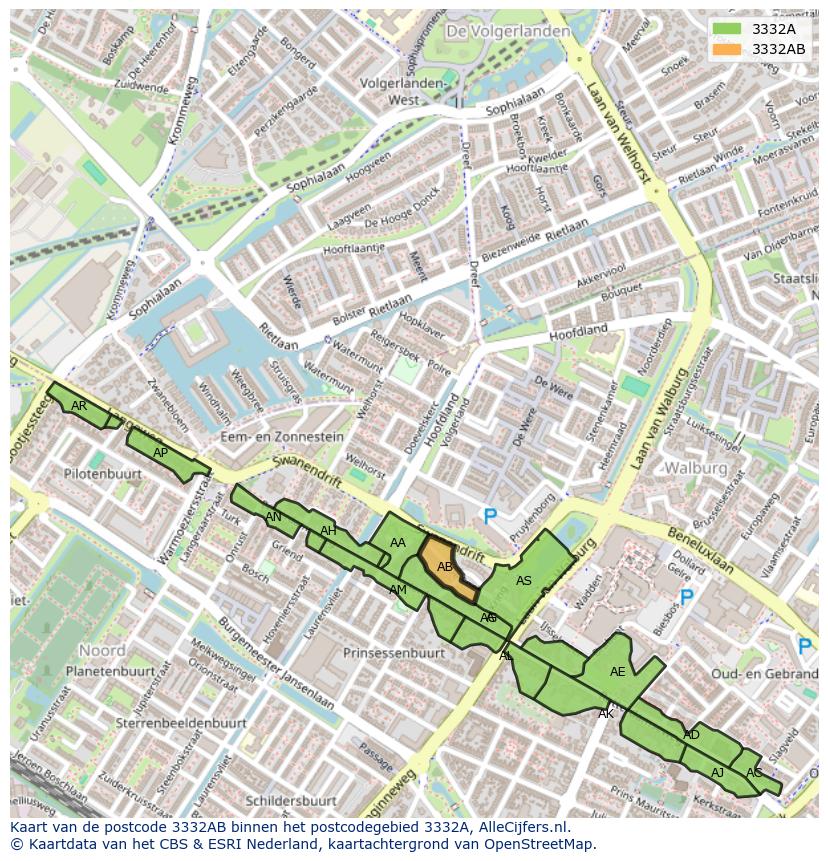 Afbeelding van het postcodegebied 3332 AB op de kaart.