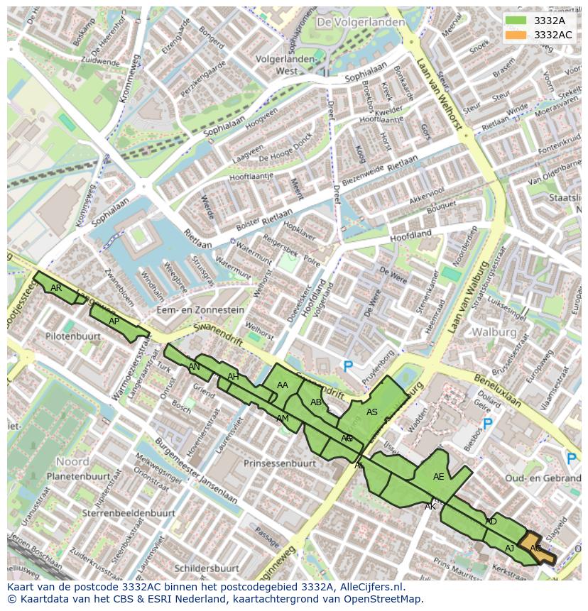 Afbeelding van het postcodegebied 3332 AC op de kaart.
