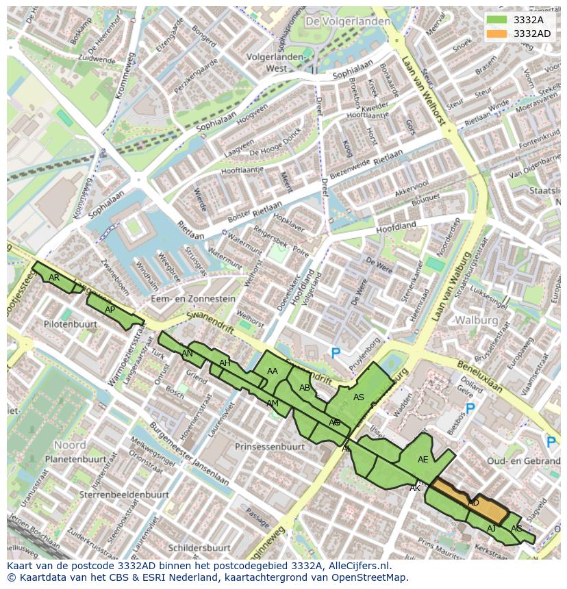 Afbeelding van het postcodegebied 3332 AD op de kaart.