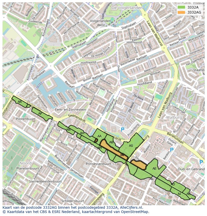 Afbeelding van het postcodegebied 3332 AG op de kaart.
