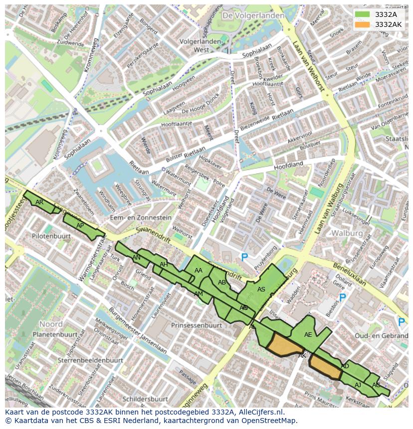 Afbeelding van het postcodegebied 3332 AK op de kaart.