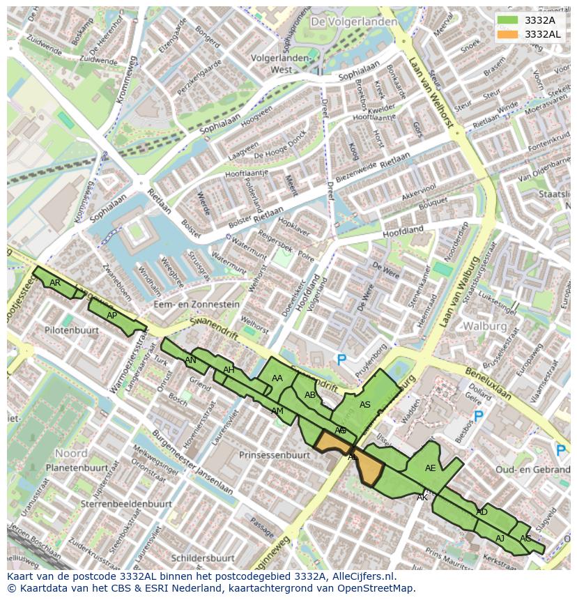 Afbeelding van het postcodegebied 3332 AL op de kaart.