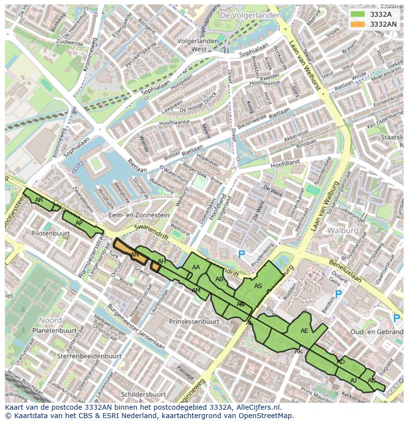 Afbeelding van het postcodegebied 3332 AN op de kaart.