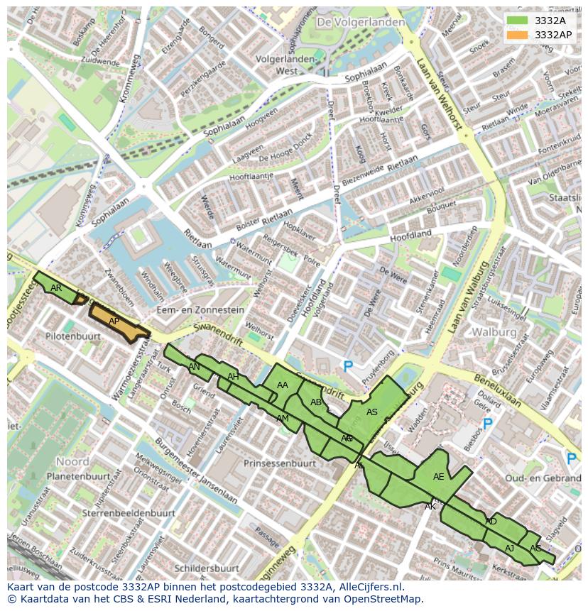 Afbeelding van het postcodegebied 3332 AP op de kaart.