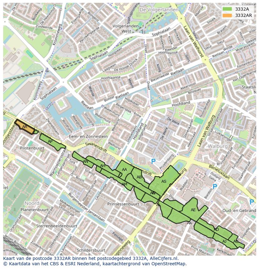 Afbeelding van het postcodegebied 3332 AR op de kaart.