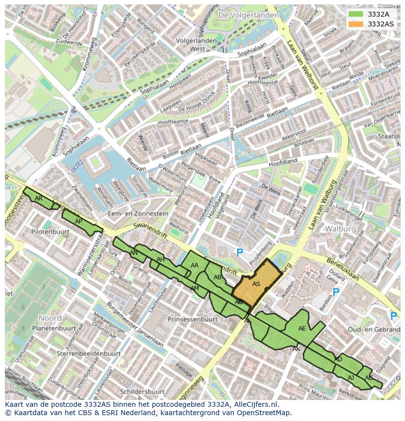 Afbeelding van het postcodegebied 3332 AS op de kaart.