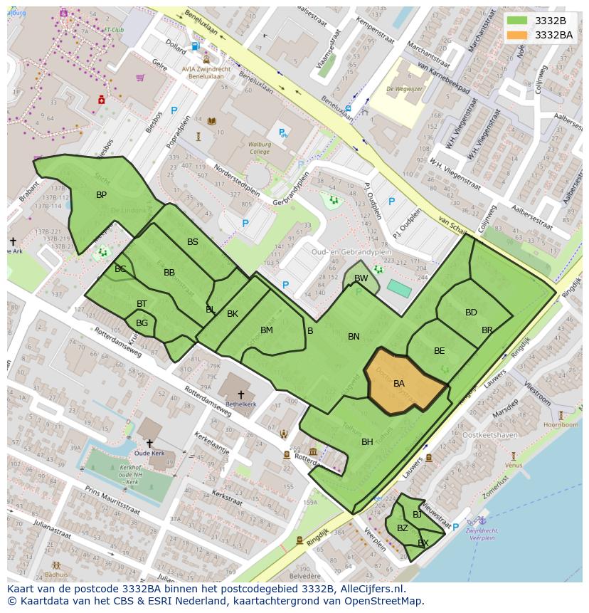 Afbeelding van het postcodegebied 3332 BA op de kaart.