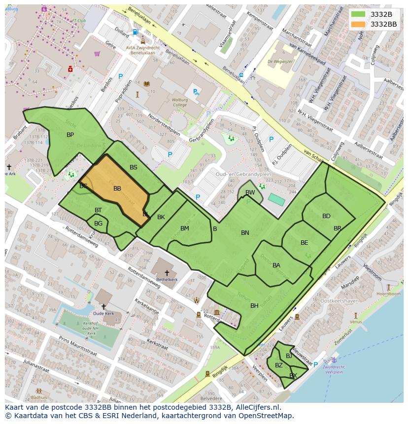 Afbeelding van het postcodegebied 3332 BB op de kaart.