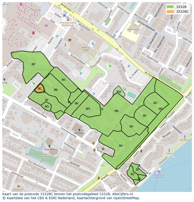 Afbeelding van het postcodegebied 3332 BC op de kaart.