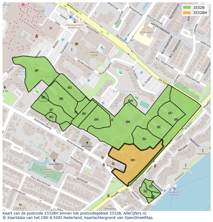 Afbeelding van het postcodegebied 3332 BH op de kaart.