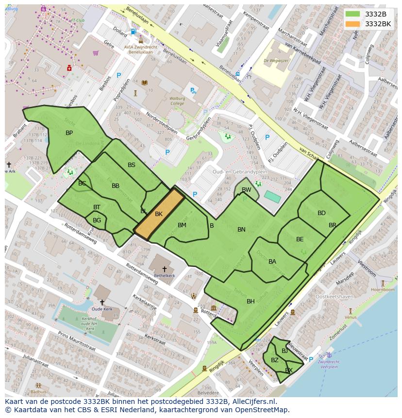 Afbeelding van het postcodegebied 3332 BK op de kaart.