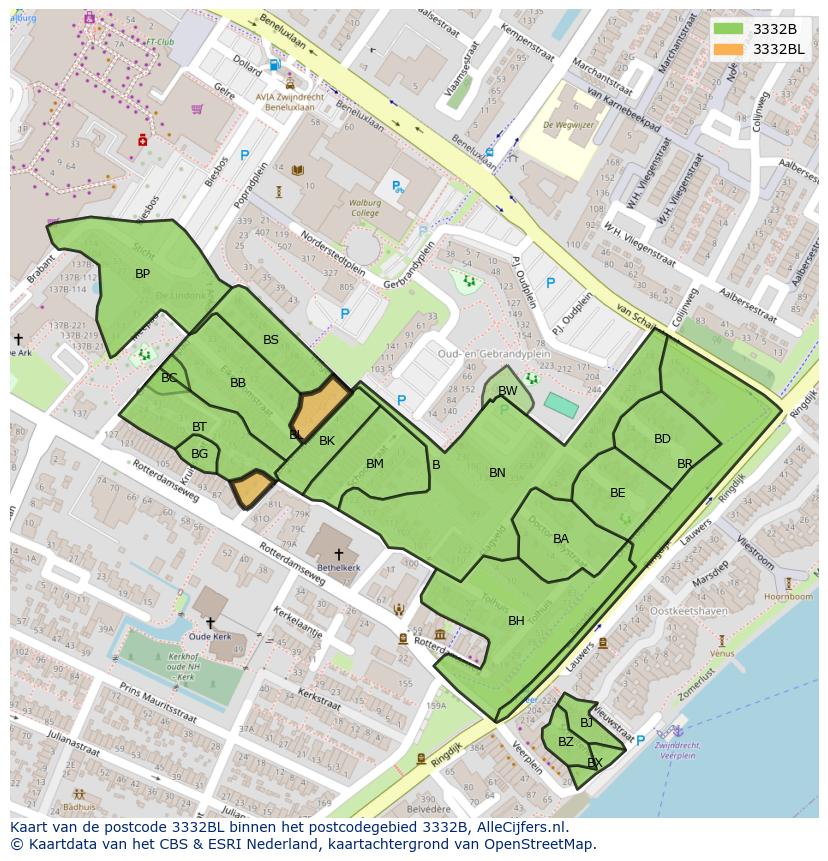 Afbeelding van het postcodegebied 3332 BL op de kaart.