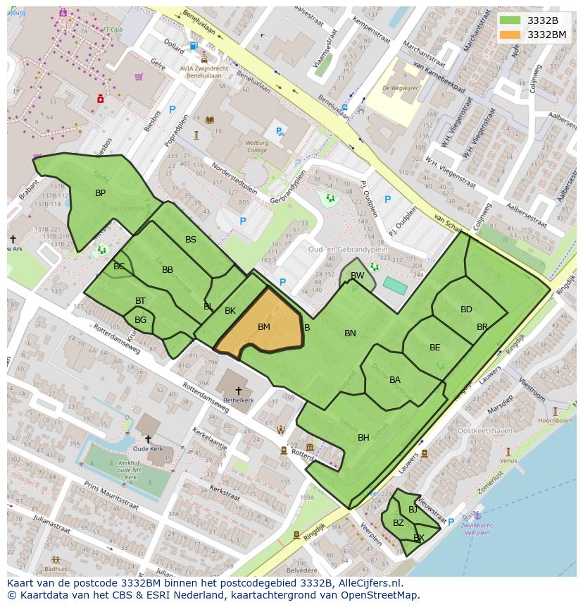 Afbeelding van het postcodegebied 3332 BM op de kaart.
