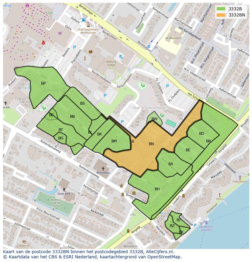 Afbeelding van het postcodegebied 3332 BN op de kaart.