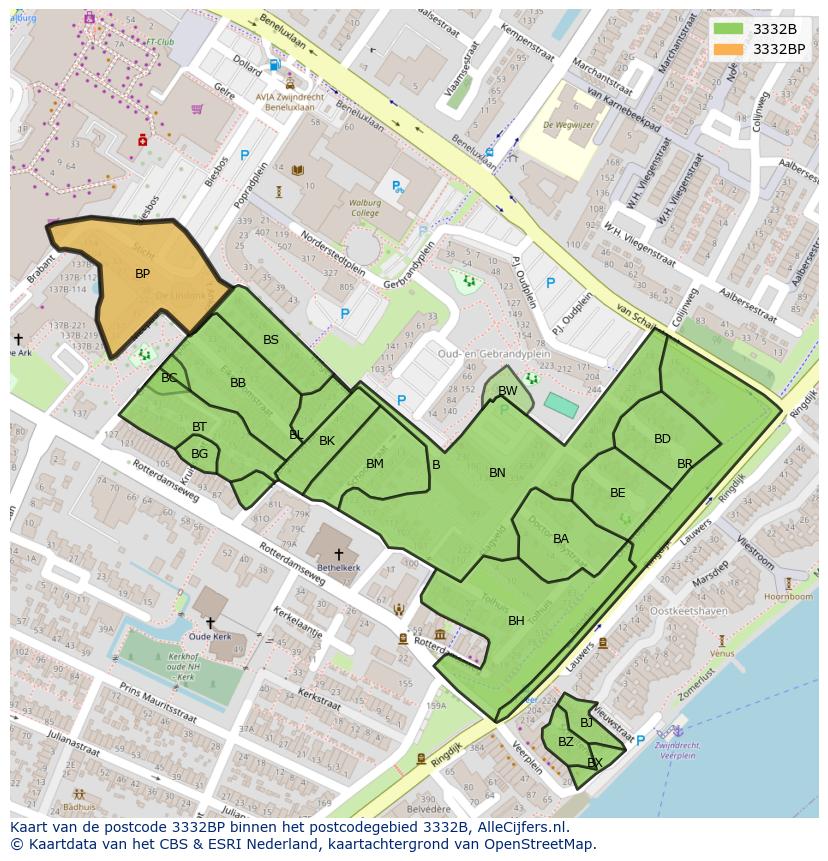 Afbeelding van het postcodegebied 3332 BP op de kaart.