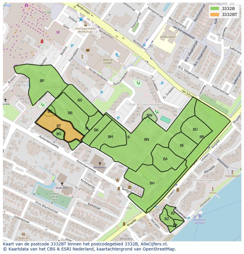 Afbeelding van het postcodegebied 3332 BT op de kaart.