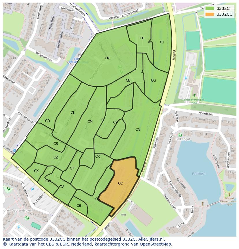 Afbeelding van het postcodegebied 3332 CC op de kaart.