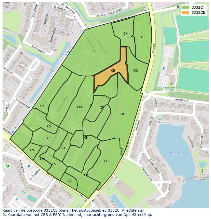 Afbeelding van het postcodegebied 3332 CE op de kaart.