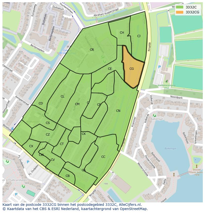 Afbeelding van het postcodegebied 3332 CG op de kaart.