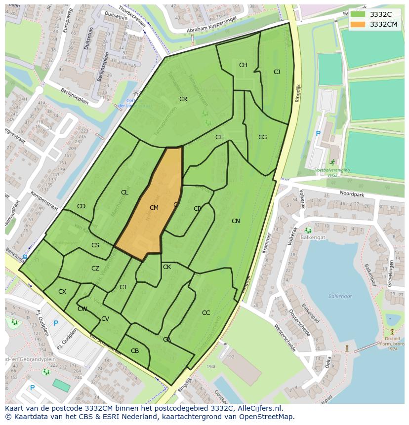 Afbeelding van het postcodegebied 3332 CM op de kaart.