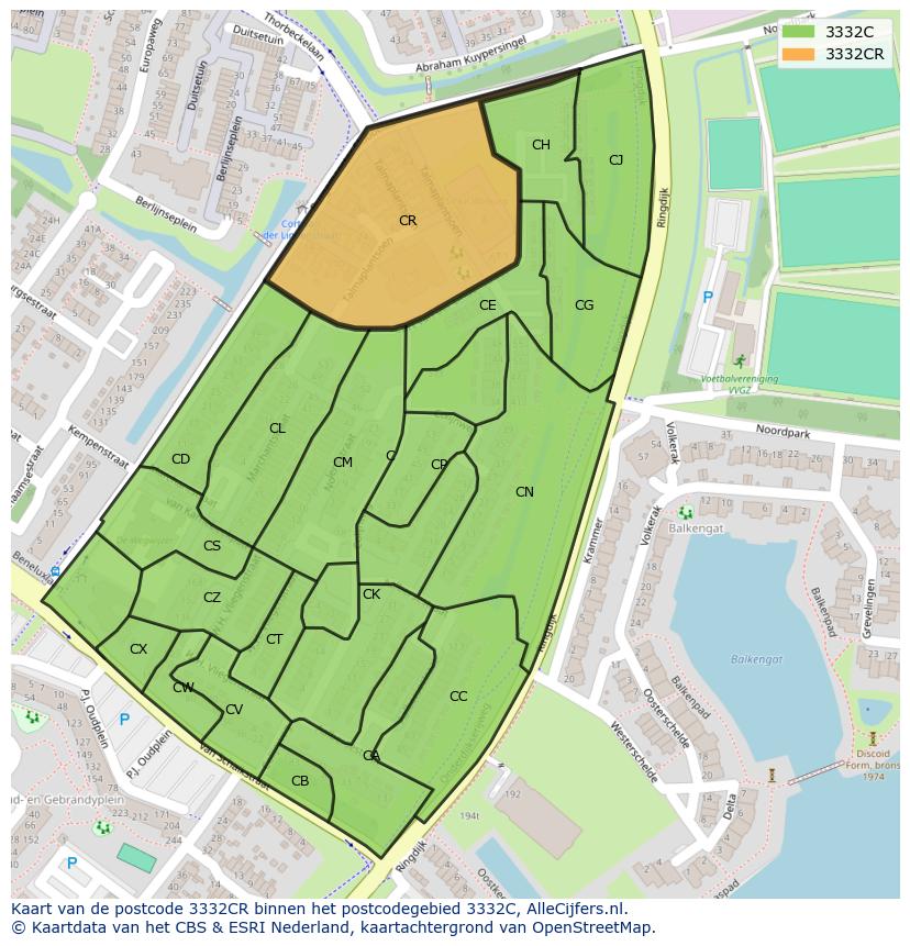 Afbeelding van het postcodegebied 3332 CR op de kaart.