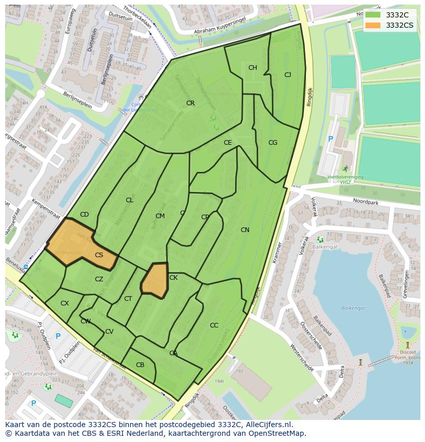 Afbeelding van het postcodegebied 3332 CS op de kaart.
